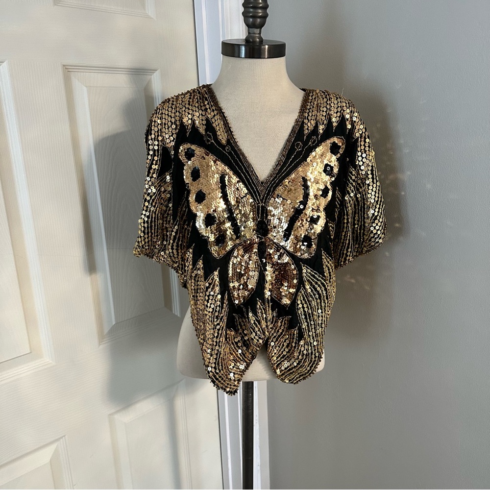Elegant Gold and Black Sequin Butterfly Top